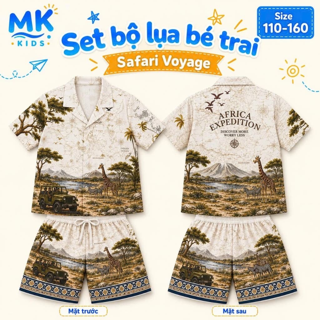 Set Bộ Bé Trai Safari Voyage MK Kids Áo Sơ Mi Cộc Tay Và Quần Short Đi Chơi Mùa Hè - Chất Lụa Mịn Thoáng Mát 2-10 Tuổi