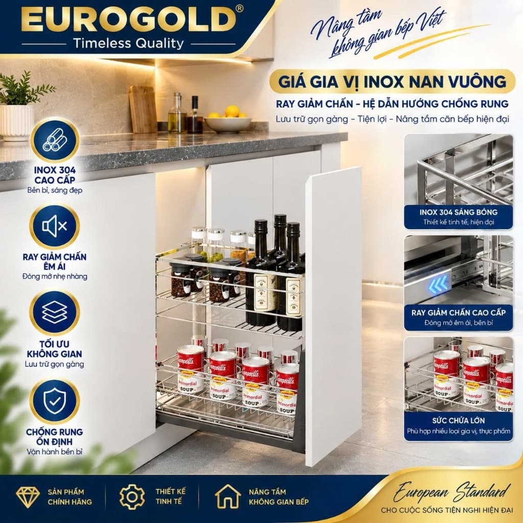 Kệ đựng chai lọ gia vị inox 304 nan vuông Eurogold