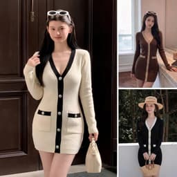 Đầm Tăm Len Gân Ôm Dáng Cổ V Phối Viền Nút Cài Tay Dài Dáng Ngắn Tôn Dáng Thanh Lịch Thu Đông 1