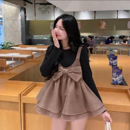 Set Áo Thun Giấy Dài Tay Phối Áo Babydoll Tơ Nơ Lớn Thu Đông 2