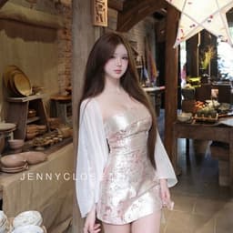 Set 2 món | Đầm ( Váy) nữ cúp ngực hoa gấm dáng A body kèm áo choàng cardigan voan tơ nhẹ nhàng tiểu thư 1