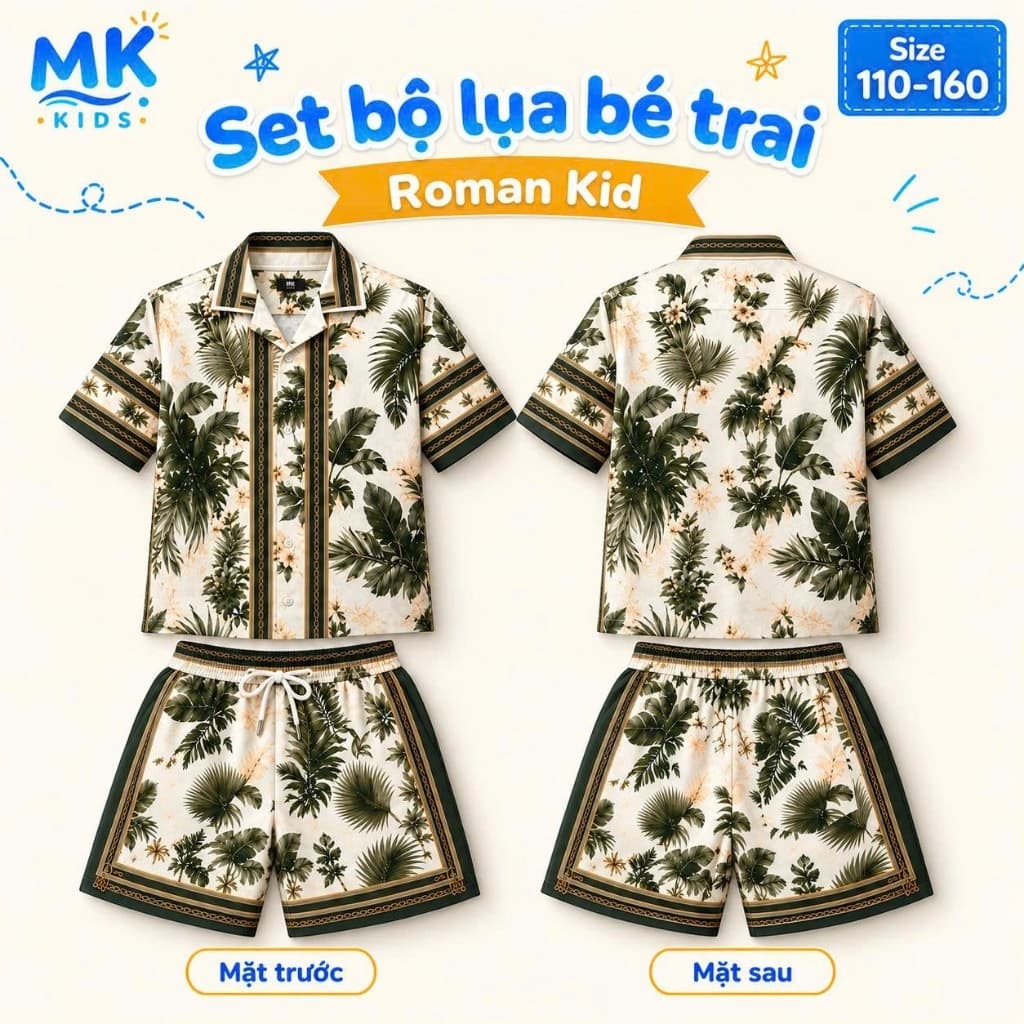 Set Bộ Bé Trai Roman Kid MK Kids Áo Sơ Mi Cộc Tay Và Quần Short Đi Chơi - Chất Lụa Mịn Mềm Mát 2-10 Tuổi
