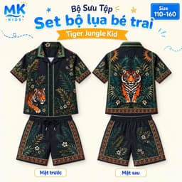 Set Bộ Bé Trai Tiger Jungle MK Kids Áo Sơ Mi Cộc Tay Và Quần Short Đi Chơi - Chất Lụa Mịn Mát Cho Bé 2-10 Tuổi 1