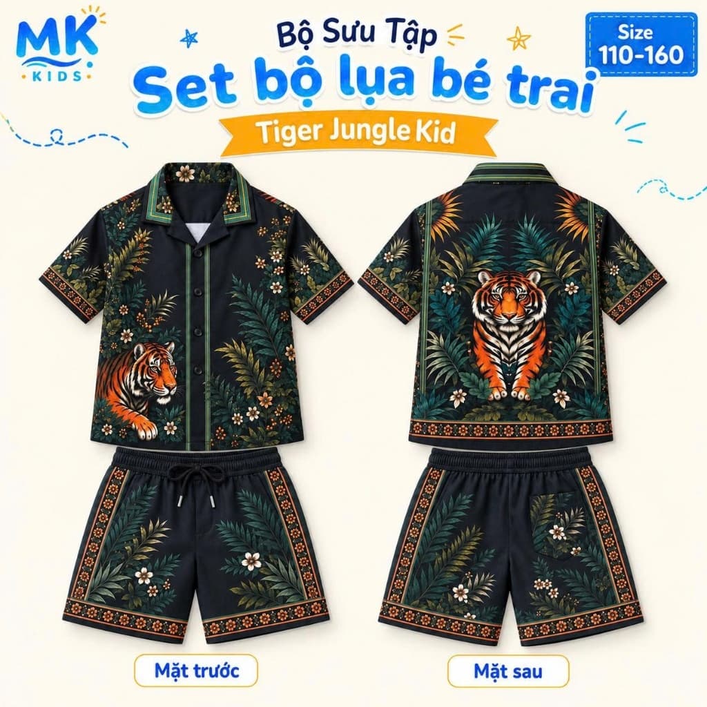 Set Bộ Bé Trai Tiger Jungle MK Kids Áo Sơ Mi Cộc Tay Và Quần Short Đi Chơi - Chất Lụa Mịn Mát Cho Bé 2-10 Tuổi