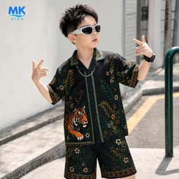Set Bộ Bé Trai Tiger Jungle MK Kids Áo Sơ Mi Cộc Tay Và Quần Short Đi Chơi - Chất Lụa Mịn Mát Cho Bé 2-10 Tuổi 2