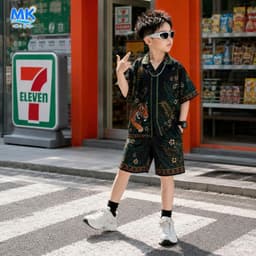Set Bộ Bé Trai Tiger Jungle MK Kids Áo Sơ Mi Cộc Tay Và Quần Short Đi Chơi - Chất Lụa Mịn Mát Cho Bé 2-10 Tuổi 5