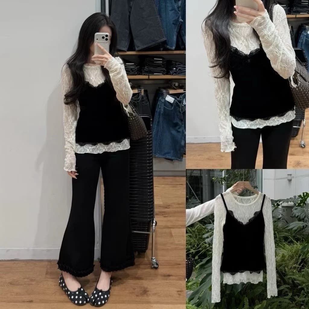 [Hàng sẵn] Set áo ren mỏng vân hoa Mix áo 2 dây nhung phối ren, set áo kiểu dài tay thu đông cho nữ SHIP HỎA TỐC