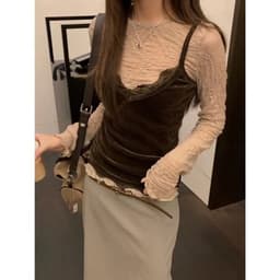 [Hàng sẵn] Set áo ren mỏng vân hoa Mix áo 2 dây nhung phối ren, set áo kiểu dài tay thu đông cho nữ SHIP HỎA TỐC 7