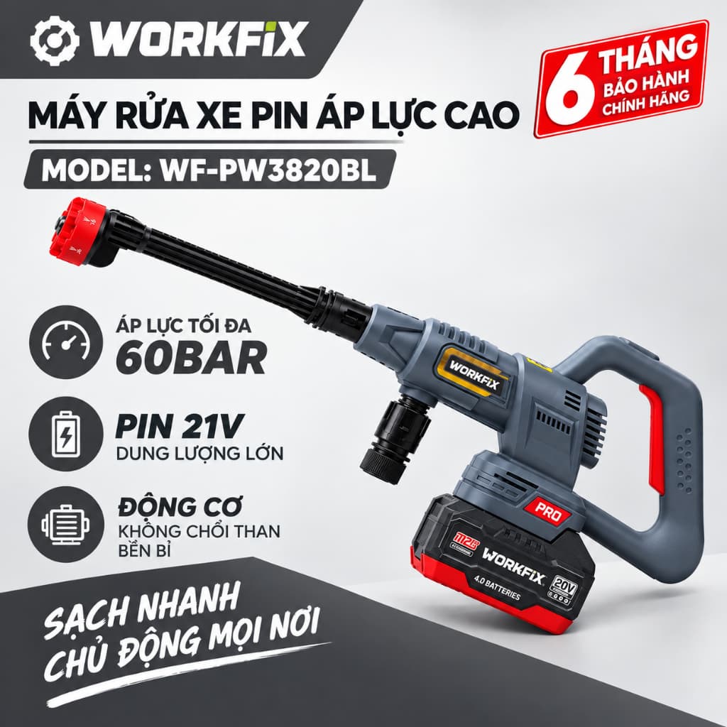 Máy Rửa Xe Pin 10Cell Workfix WF-PW3820BL, Nút Cảm Ứng Chỉnh Tốc, Công Tắc Bóp, Động Cơ Không Chổi Than