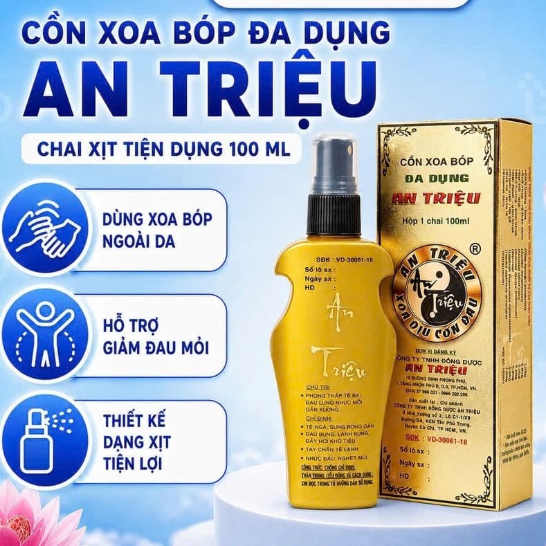Cồn Xoa Bóp Đa Dụng An Triệu Giúp Giảm Đau Xương Khớp, Chân Tay Tê, Đau Bụng, Nhức Đầu (Chai 100ml)
