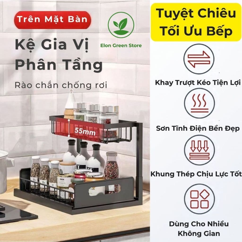 Kệ Để Đồ Âm Tủ Bếp 2 Tầng Khay Kéo Thông Minh Kệ Để Đồ Đa Năng Gầm Chậu Rửa Bát Đen Trắng Thép Sơn Tĩnh Điện 25KG
