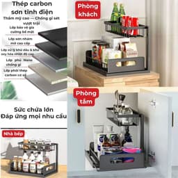 Kệ Để Đồ Âm Tủ Bếp 2 Tầng Khay Kéo Thông Minh Kệ Để Đồ Đa Năng Gầm Chậu Rửa Bát Đen Trắng Thép Sơn Tĩnh Điện 25KG 4