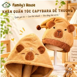khăn quấn tóc capybara, khăn trùm đầu thấm nhanh, giúp tóc mau khô, gọn gàng,tiện lợi, dễ thương [family's house] 1