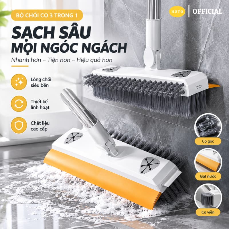 Cây Chà Sàn 3 Trong 1 Xoay 180 Độ Inox HUTO Chổi Cọ Sàn Gạt Nước Nhà Tắm Đa Năng