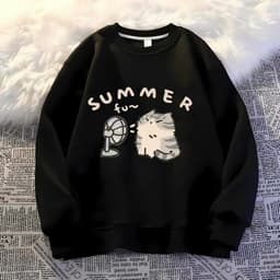 Áo Nỉ Unisex SUMMER Họa Tiết Mèo Quạt Cute Áo Sweatshirt Tay Dài Cổ Tròn Form Rộng Phong Cách Hàn Quốc 1