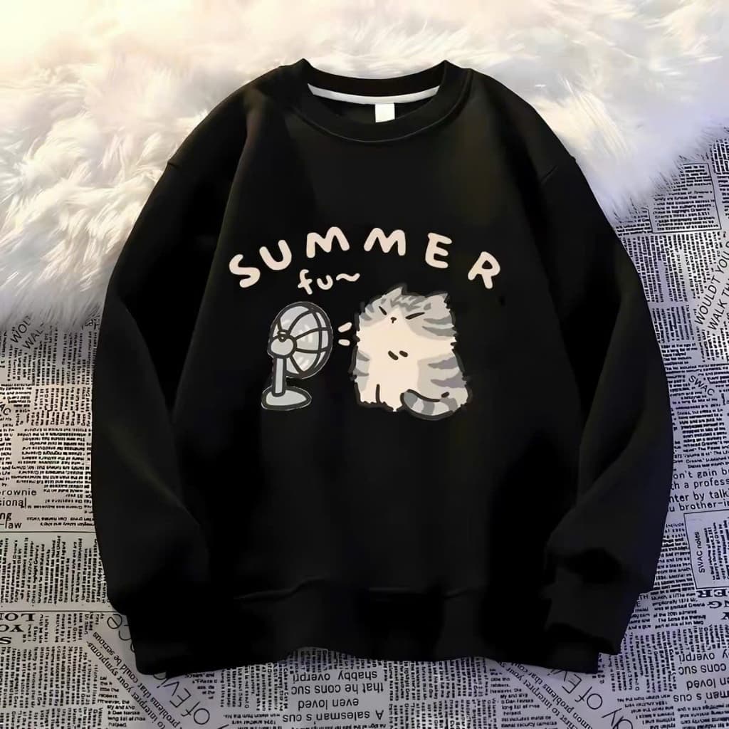 Áo Nỉ Unisex SUMMER Họa Tiết Mèo Quạt Cute Áo Sweatshirt Tay Dài Cổ Tròn Form Rộng Phong Cách Hàn Quốc