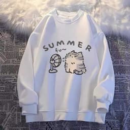 Áo Nỉ Unisex SUMMER Họa Tiết Mèo Quạt Cute Áo Sweatshirt Tay Dài Cổ Tròn Form Rộng Phong Cách Hàn Quốc 3