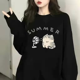 Áo Nỉ Unisex SUMMER Họa Tiết Mèo Quạt Cute Áo Sweatshirt Tay Dài Cổ Tròn Form Rộng Phong Cách Hàn Quốc 5