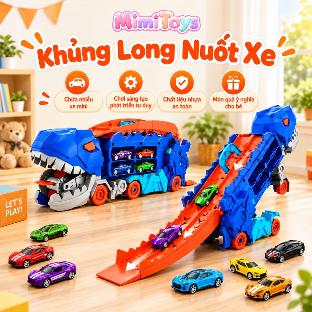 Đồ Chơi Xe Khủng Long MimiToys Nuốt Ô Tô - Cầu Trượt Ô Tô Mini Vui Nhộn Cho Bé