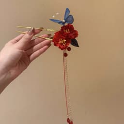 Trâm Cài Tóc Cổ Trang 2 Chân Hoa Đỏ Bướm Xanh Tua Rua Dài – Trâm Tóc Áo Dài, Hán Phục, Sườn Xám, Cài Tóc Cô Dâu 5