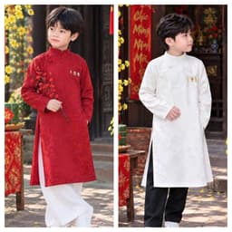 Áo dài bé trai 2 màu trắng đỏ - chất liệu gấm dệt mềm cao cấp - đứng form - thích hợp mặc trung thu lễ tết 1
