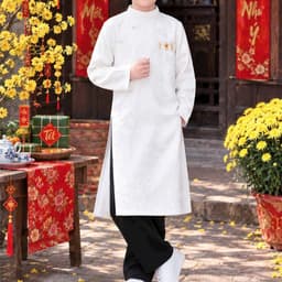 Áo dài bé trai 2 màu trắng đỏ - chất liệu gấm dệt mềm cao cấp - đứng form - thích hợp mặc trung thu lễ tết 2