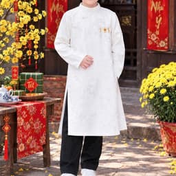 Áo dài bé trai 2 màu trắng đỏ - chất liệu gấm dệt mềm cao cấp - đứng form - thích hợp mặc trung thu lễ tết 4