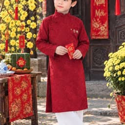 Áo dài bé trai 2 màu trắng đỏ - chất liệu gấm dệt mềm cao cấp - đứng form - thích hợp mặc trung thu lễ tết 7