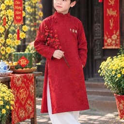 Áo dài bé trai 2 màu trắng đỏ - chất liệu gấm dệt mềm cao cấp - đứng form - thích hợp mặc trung thu lễ tết 6