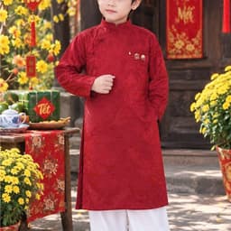 Áo dài bé trai 2 màu trắng đỏ - chất liệu gấm dệt mềm cao cấp - đứng form - thích hợp mặc trung thu lễ tết 9