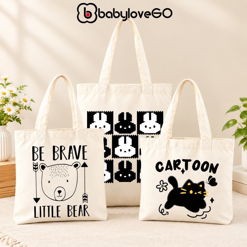 Túi tote vải có khóa kéo BabyloveGO túi canvas rộng đựng đồ dùng cho bé đi học đi chơi