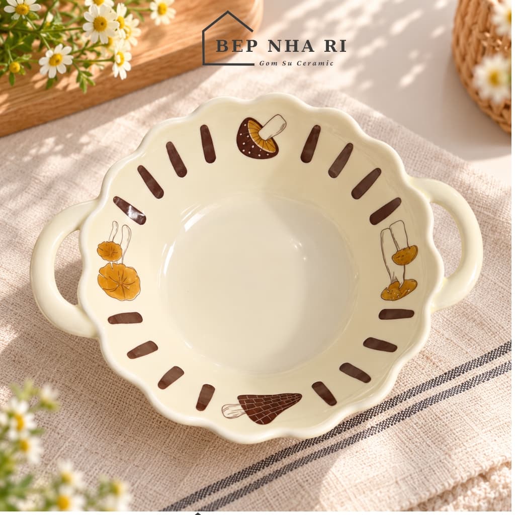[ GOCHY ] Bán Lẻ Bát Đĩa Họa Tiết Nấm Nâu Men Kem Vintage Hàn Quốc Cao Cấp