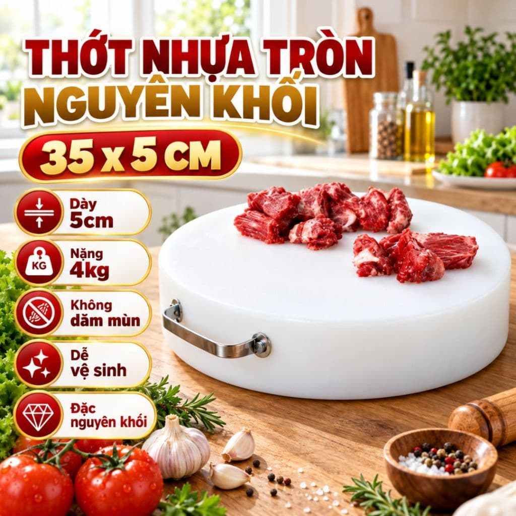 Thớt nhựa tròn KT 30 dày 5cm - Thớt nhựa Chất liệu PE nguyên khối, Hàng việt nam chất lượng cao