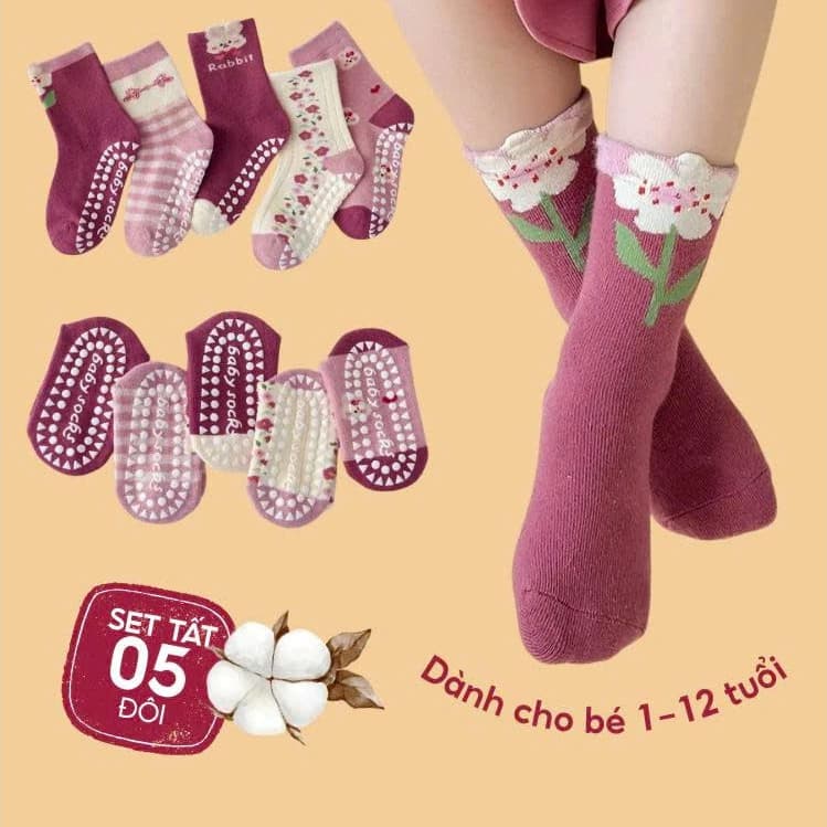 (Rẻ Vô Địch) Set 5 Đôi Tất Chống Trượt Cho Bé Gái Họa Tiết Thỏ Đáng Yêu Vớ Cổ Cao Cho Trẻ Từ 1 Đến 12 Tuổi