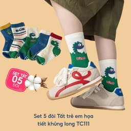 (MUA 10 TẶNG 1) Set 5 Đôi Tất Trẻ Em - Bé Trai Cổ Lửng Cotton Họa Tiết Khủng Long Cho Bé Trai Gái 1-12 Tuổi 9
