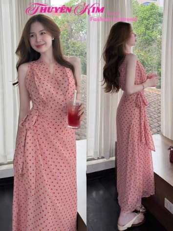 Đầm váy dài, Đầm đi biển tôn dáng chất Mango chấm bi kiểu sát nách phối dây nơ eo dáng dài_QCMK