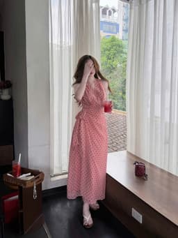 Đầm váy dài, Đầm đi biển tôn dáng chất Mango chấm bi kiểu sát nách phối dây nơ eo dáng dài_QCMK 2