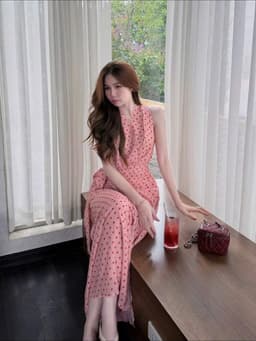 Đầm váy dài, Đầm đi biển tôn dáng chất Mango chấm bi kiểu sát nách phối dây nơ eo dáng dài_QCMK 8