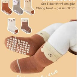 Set 5 Đôi Tất Sơ Sinh Chống Trượt UNDERCOOL Combo 5 vớ Cho Bé Trai Bé Trai - Gái 0-4 Tuổi Hình Gấu Giữ Ấm Cổ Ngắn TC131 5