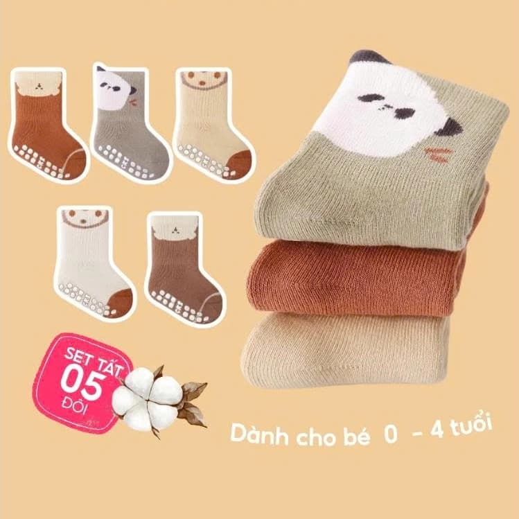 Set 5 Đôi Tất Sơ Sinh Chống Trượt UNDERCOOL Combo 5 vớ Cho Bé Trai Bé Trai - Gái 0-4 Tuổi Hình Gấu Giữ Ấm Cổ Ngắn TC131