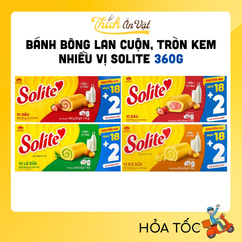 Bánh Solite Kinh Đô - Bánh Bông Lan Cuộn Kem, Tròn Kem Vị Dâu, Lá Dứa, Bơ Sữa Solite 360g (18+2)