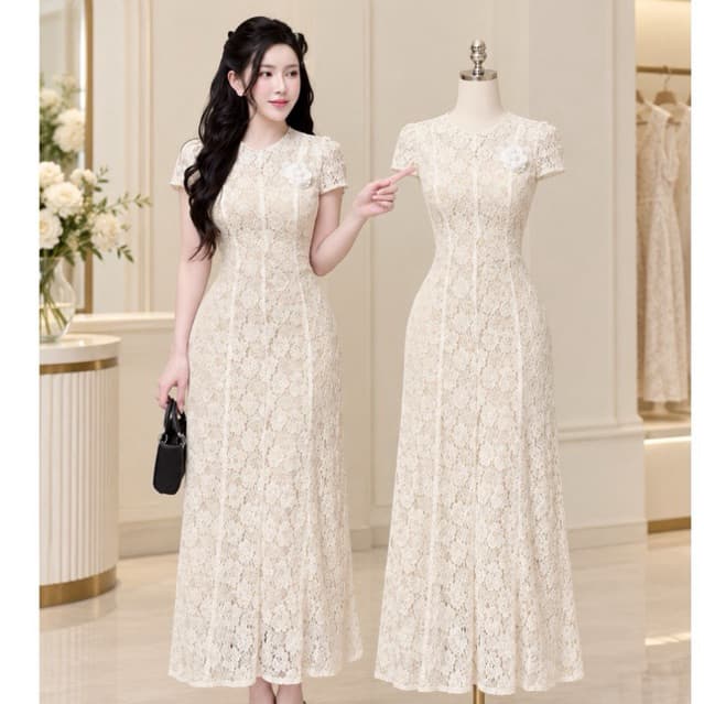 Xukadress _ Váy ren hoa dự tiệc tay ngắn dáng dài sang chảnh