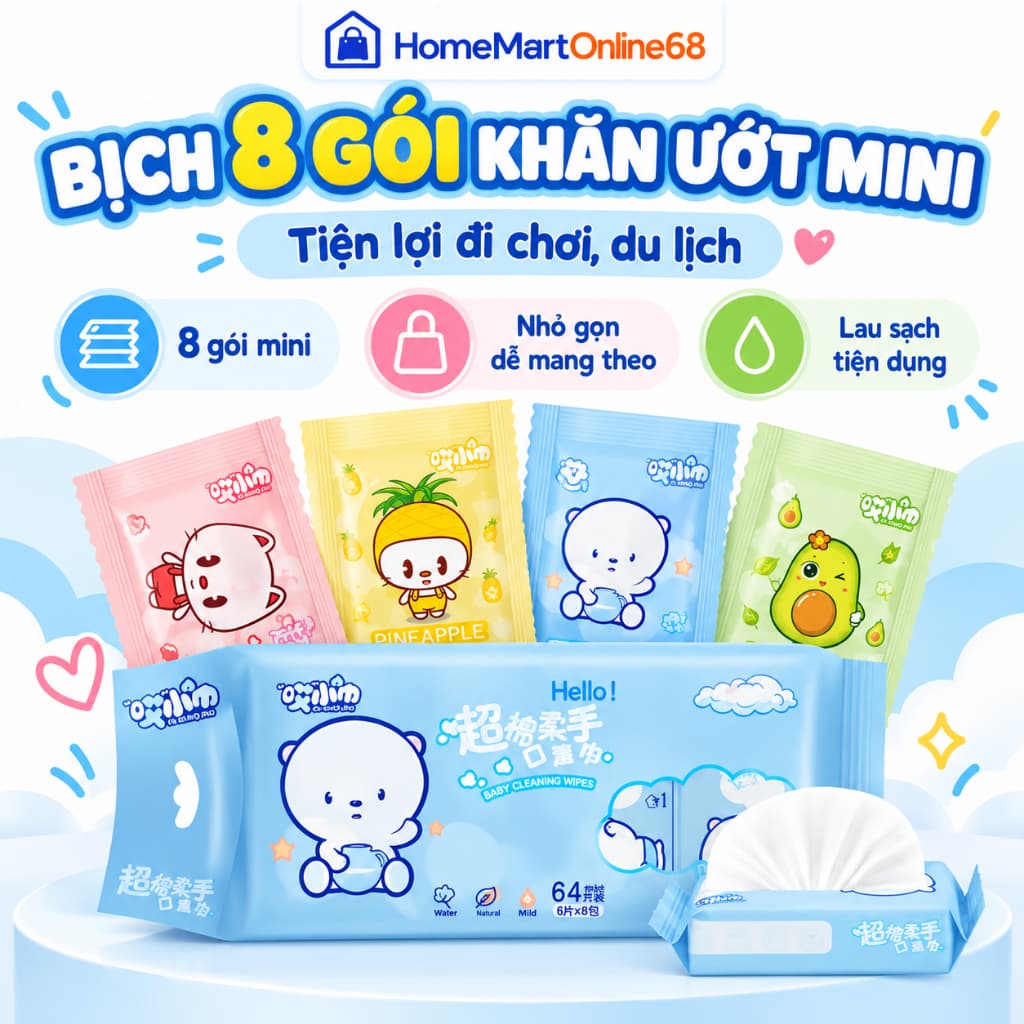Bịch 8 Gói Khăn Ướt Mini Tiện Lợi Lau Tay Cá Nhân Dùng Khi Đi Chơi Du Lịch Dã Ngoại | HomeMartOnline68