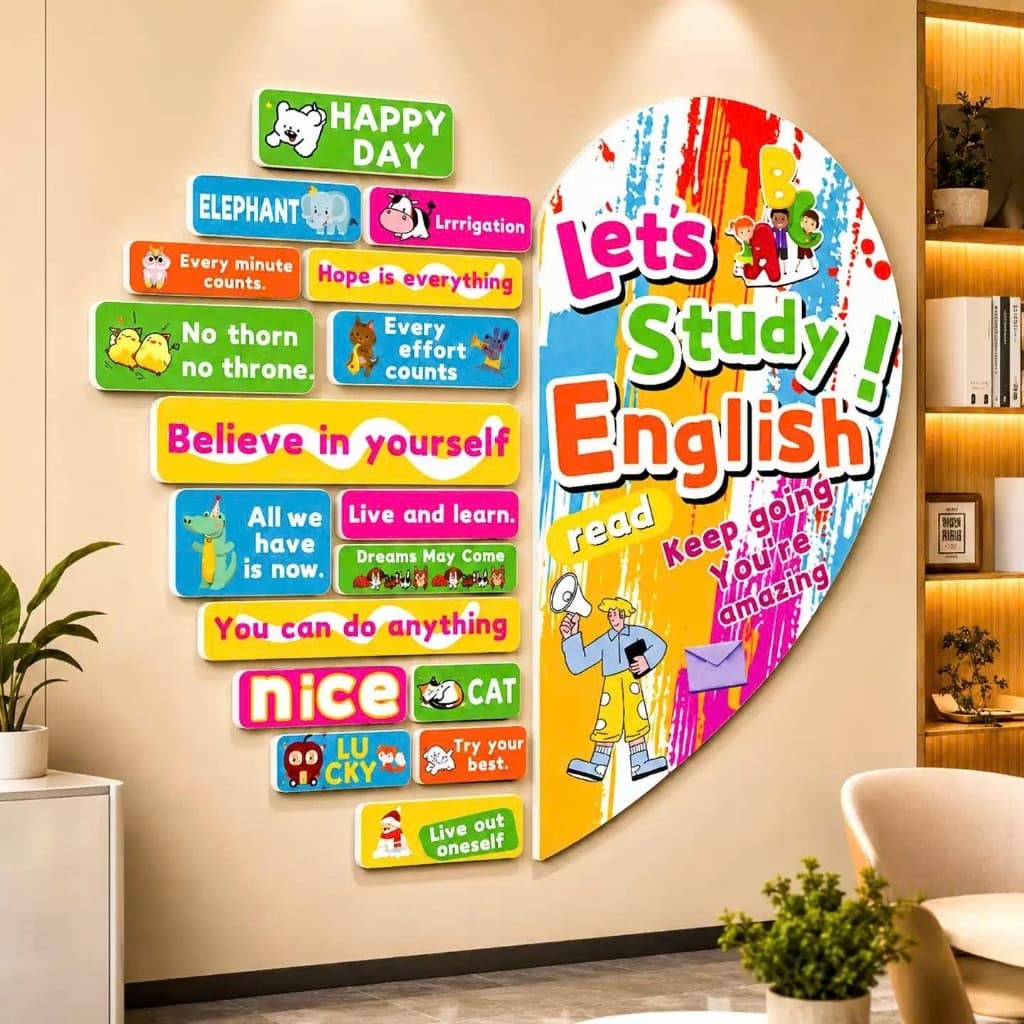 Tranh dán tường trang trí tường tiếng Anh cho bé Let's Study English kèm câu động viên fomex dán nổi (TA102)