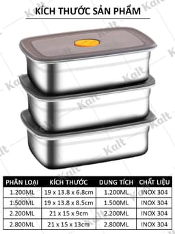 Hộp Đựng Thực Phẩm Inox 304 Chữ Nhật Nhiều Dung Tích Đựng Thực Phẩm Đa Năng KALT DT240800801 3