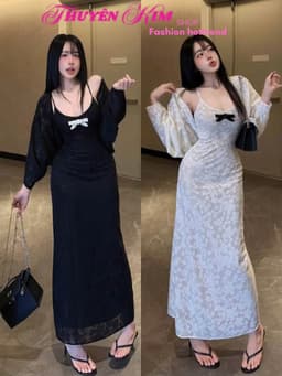 Set đi biển, Set đầm body thiết kế 2 dây chất Ren Hoa đính nơ tôn dáng phối khoác kiểu tay lửng_MKQC 1