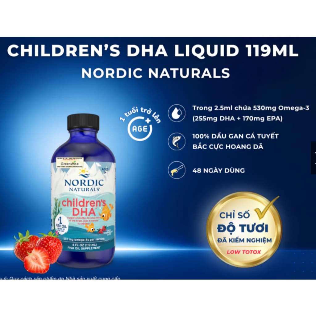 Nordic Naturals Children's DHA  ( CHAI 119ml. và 237 ml ) Vị Dâu - 530mg Omega-3 Cho Bé 1 tuổi+ Hỗ trợ phát triển não bộ