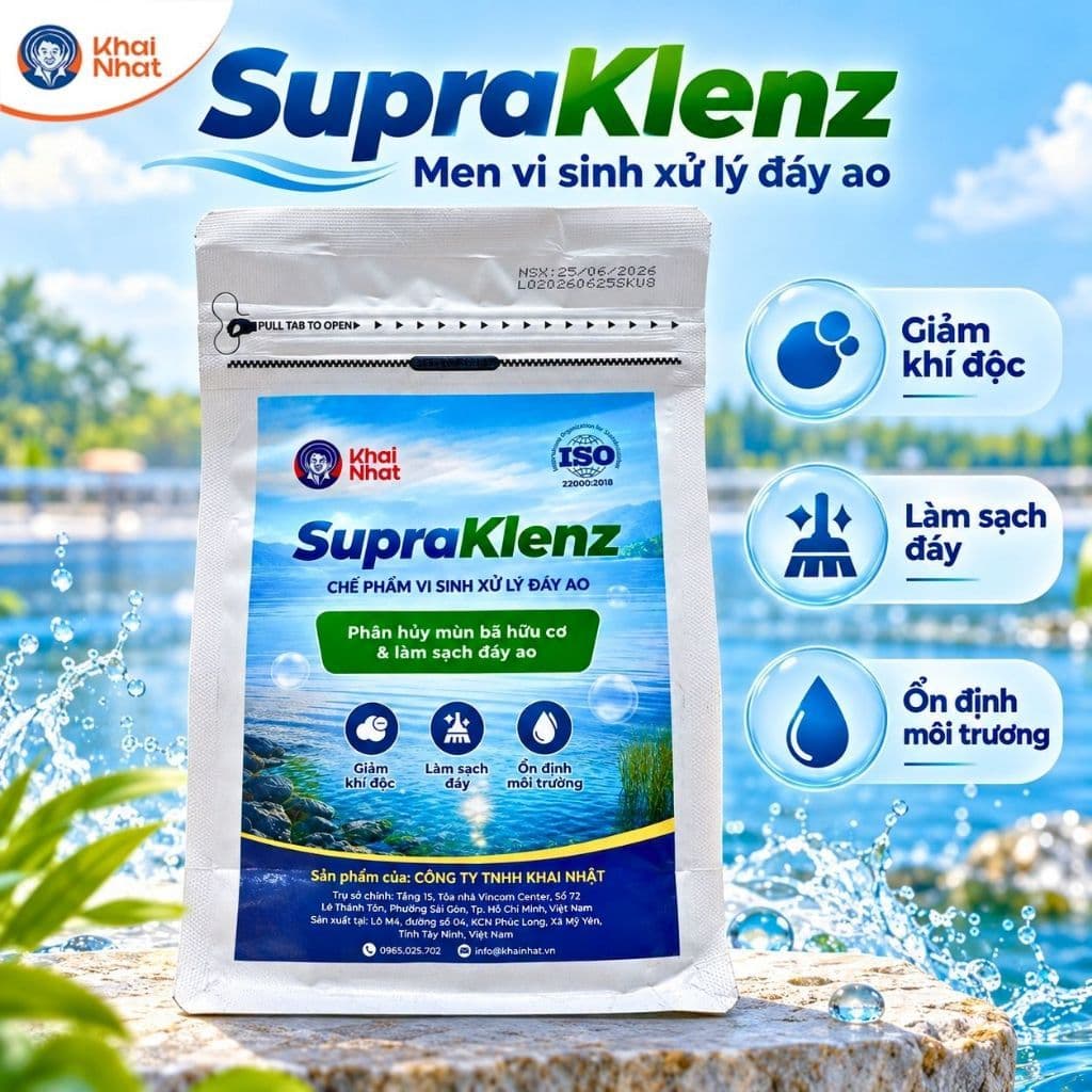 Men vi sinh xử lý đáy ao SupraKlenz Khai Nhật - Phân hủy mùn bã hữu cơ, Giảm khí độc NH3/H2S/NO2, Sạch đáy hiệu quả