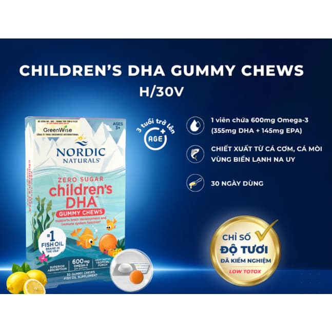 Nordic Naturals DHA Gummy Chews 30 Viên Nhai Thạch Vị Trái Cây - 600mg Omega-3 rTG Cho Bé 3+