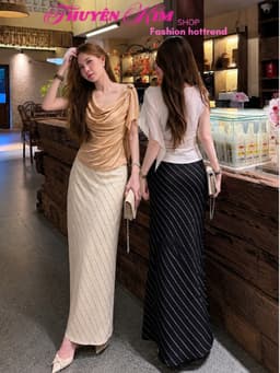 Set váy dài, Set áo kiểu lệch vai cổ đổ kèm phụ kiện phối chân váy chất Đũi sọc chéo dáng đuôi cá 1
